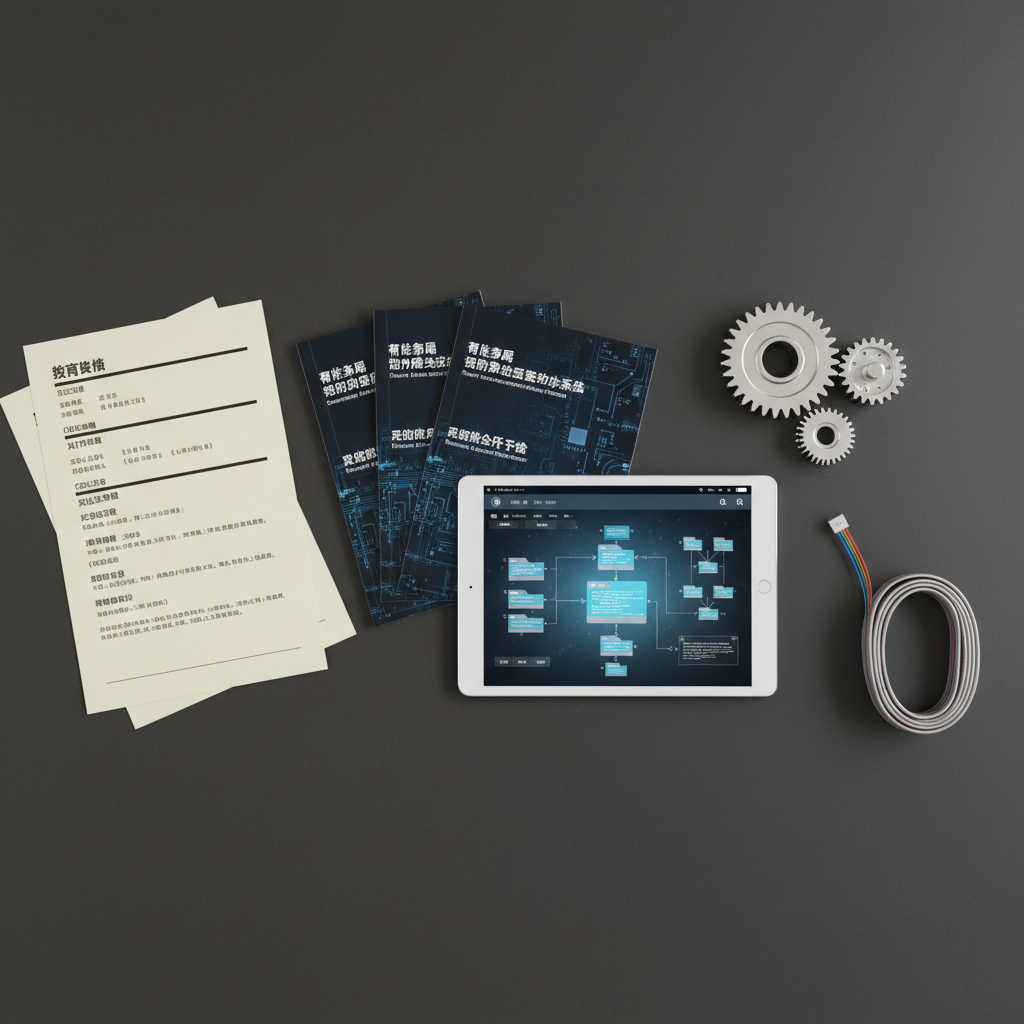 A detailed flat-lay composition of an engineering student’s project portfolio on a dark matte desk surface, including a printed resume in Chinese with clear section headers, a set of glossy project report booklets, and a tablet displaying a dashboard of automation system diagrams. Beside them, a polished metal gear assembly and a neatly coiled ribbon cable subtly indicate smart automation expertise. Overhead soft studio lighting casts even illumination with gentle shadows, emphasizing textures of paper, metal, and glass. The arrangement is aligned using the rule of thirds, with sharp focus across the entire frame. The mood is professional, precise, and methodical, with a clean, modern photographic style suitable for a personal CV website.