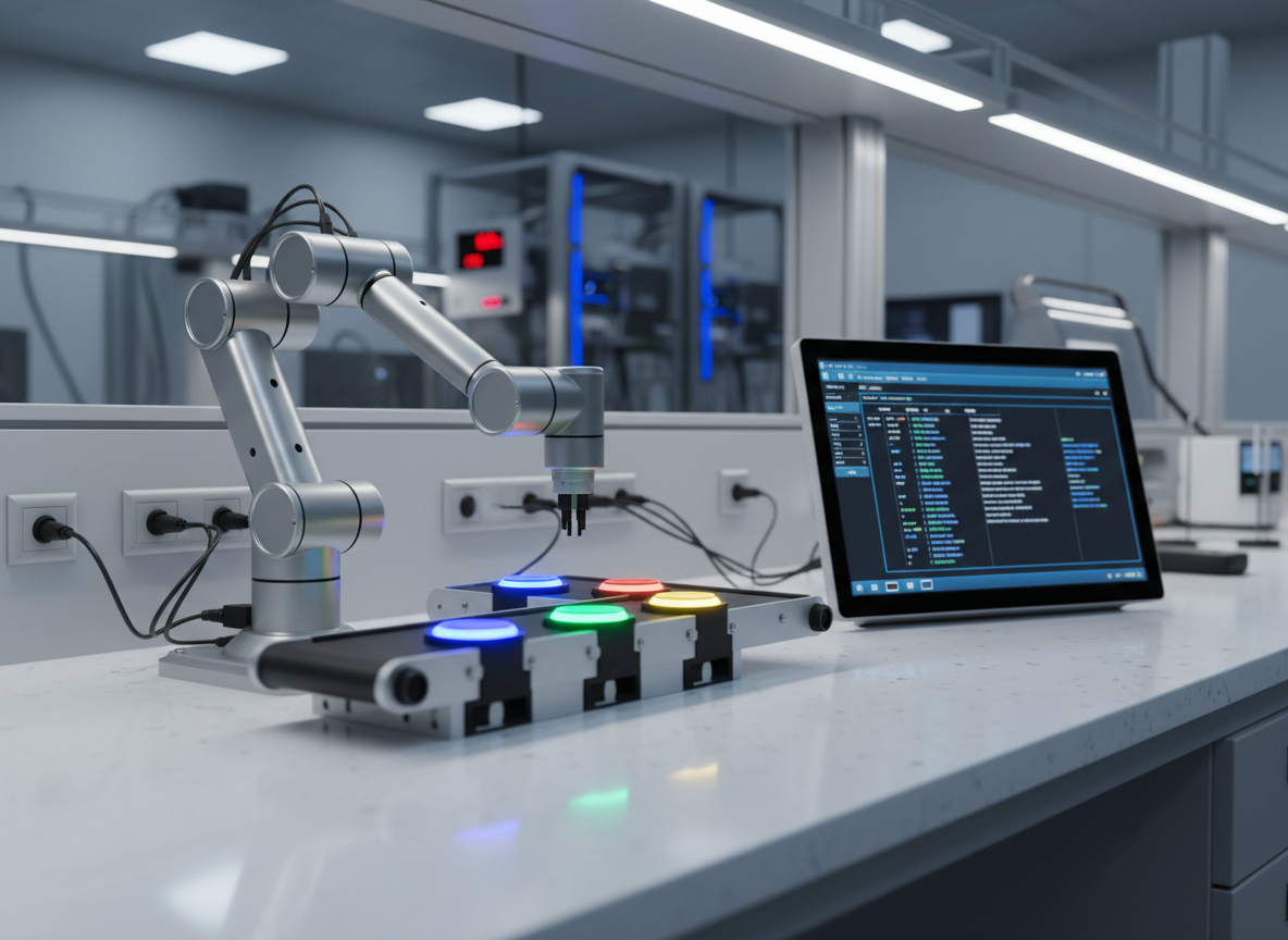 A high-tech laboratory-style environment featuring a compact smart automation workstation: a small industrial robotic arm in brushed aluminum, a conveyor belt mockup with color-coded sensors, and a control panel screen showing a clean PLC ladder logic diagram. The equipment sits on a spotless white bench, with cable routing neatly organized in trays. Cool, diffused overhead LED lighting creates crisp highlights along metal edges and subtle reflections on glossy sensor casings. The background is softly out of focus, suggesting more lab benches and instrument racks. Captured from a slightly low angle to make the hardware feel robust and important, with photographic realism and a balanced composition that conveys innovation, precision, and practical engineering skill.