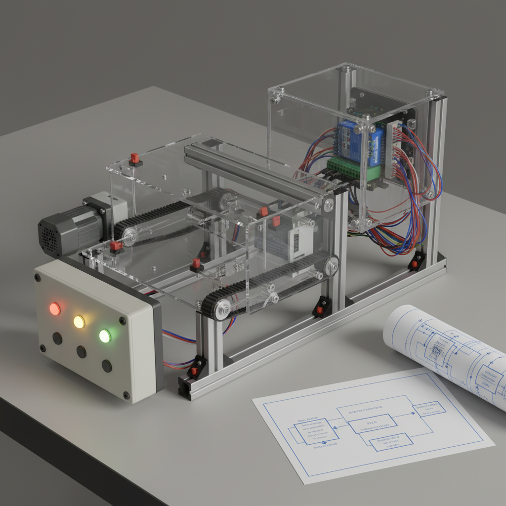 A detailed scene of an automation engineering capstone project prototype: a tidy assembly of acrylic plates, aluminum extrusions, stepper motors, and limit switches forming a small-scale automated sorting system. Colored indicator lights glow softly on the control box, connected via labeled cables to a DIN-rail mounted PLC inside a transparent enclosure. The setup rests on a neutral gray lab table, with printed wiring diagrams and a block diagram of system architecture partially visible nearby. Neutral, soft studio lighting emphasizes the clarity of components and the transparency of plastic housings, casting gentle, precise shadows. Photographic realism, shot from a three-quarter elevated angle to reveal both top and side details, creating a focused, professional atmosphere that highlights hands-on engineering competence.